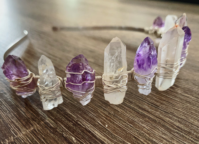 Copy of Hand Crafted Amethyst Point & Clear Quartz Crystal Crown