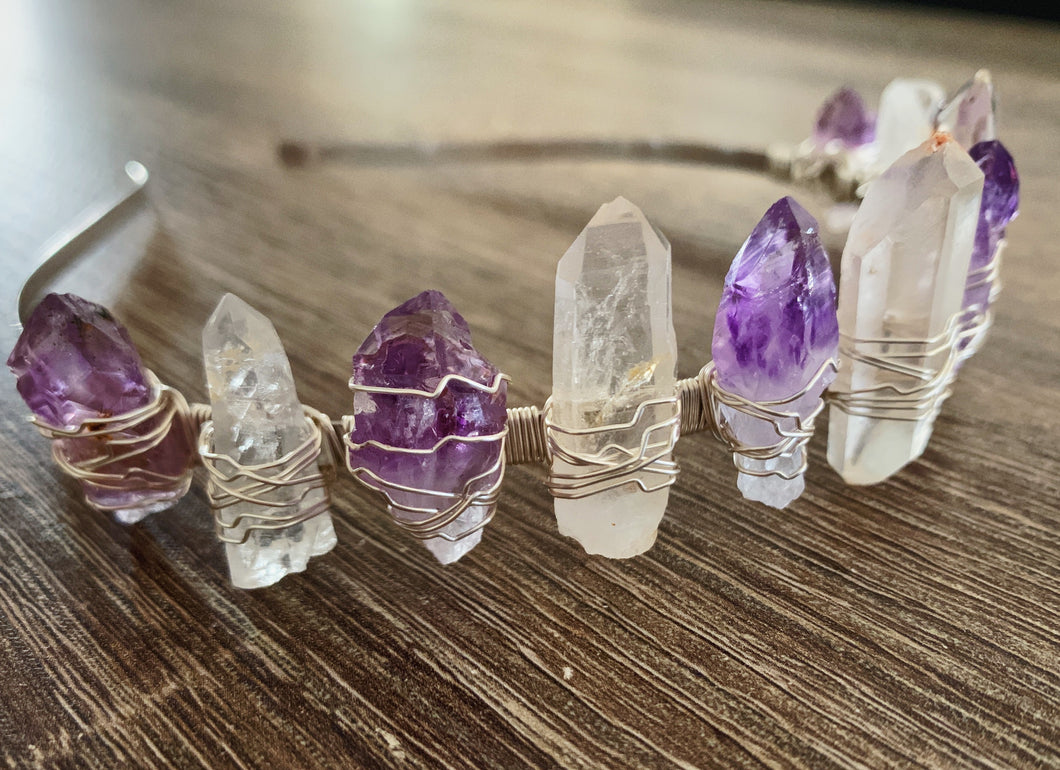 Copy of Hand Crafted Amethyst Point & Clear Quartz Crystal Crown