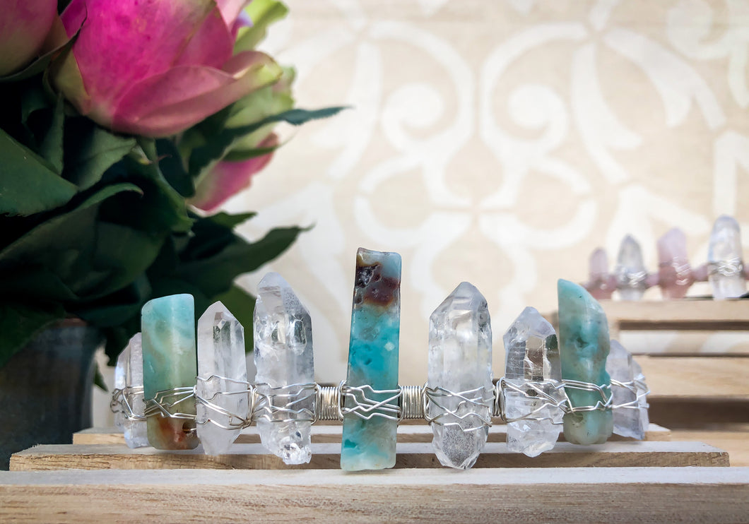 Hand Crafted Amazonite & Clear Quartz Crystal Crown